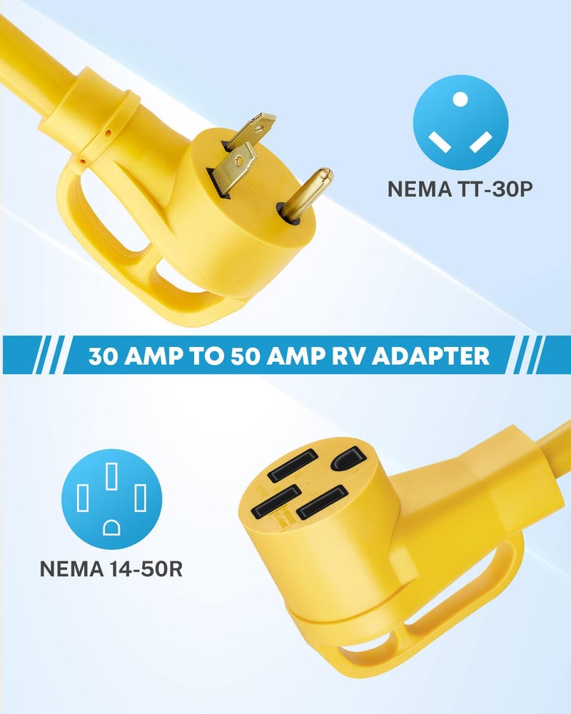 Kohree 30 Amp to 50 Amp RV Plug Adapter 18", Heavy Duty RV Dogbone Electrical Adapter 30A Male to 50A Female Power Cord with Grip Handle, 125V/3750W - Image 2